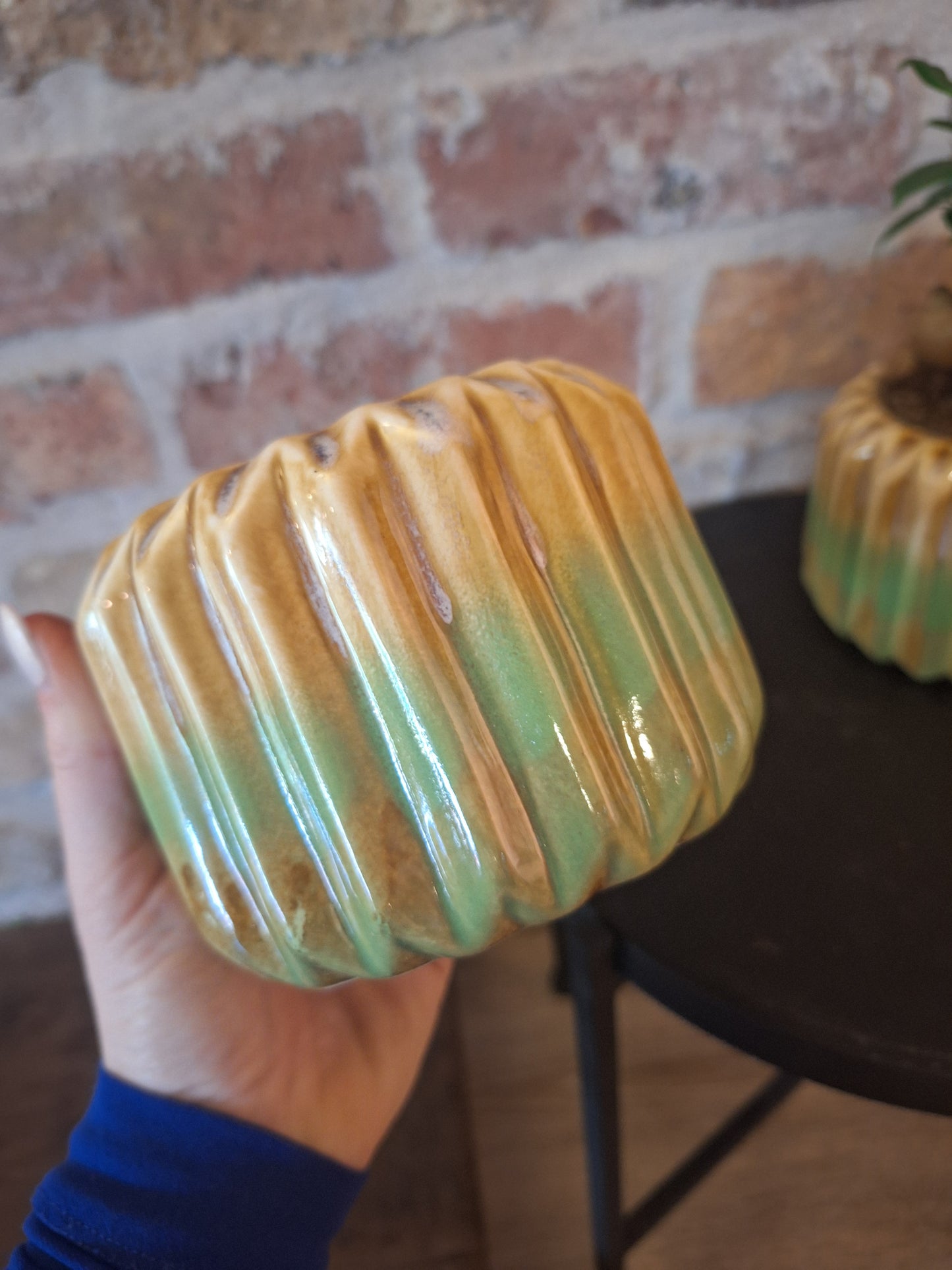 Pot stripes oker groen dia 8.5cm