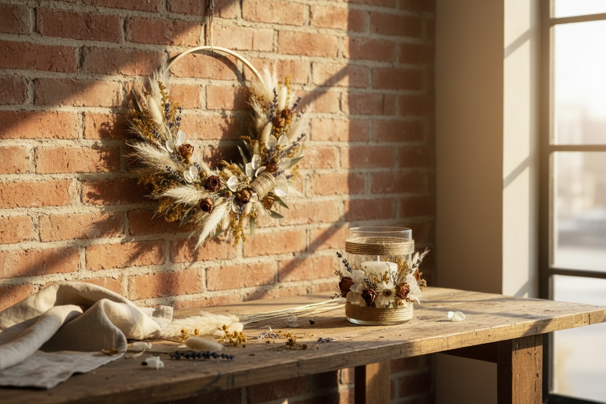 Flowerhoop en candleholder in atelieromgeving