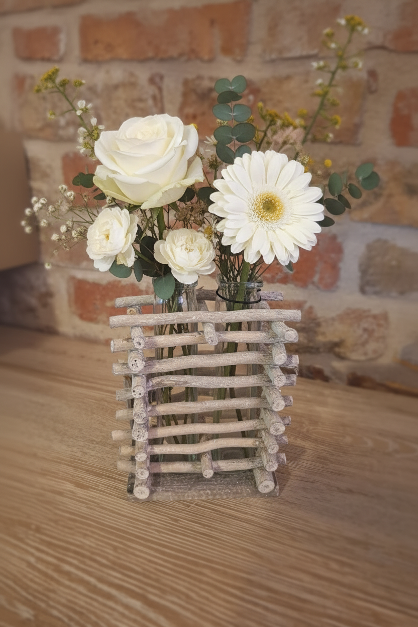 Houten frame met witte bloemen en eucalyptus
