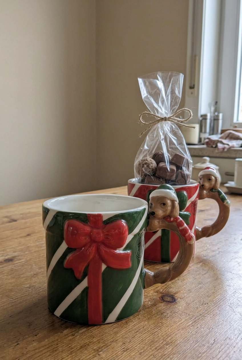 Kerstkoffietassen in een huiselijke omgeving, met een zakje chocolade in de rode tas