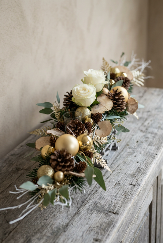 Schuine close-up van het Fiori-kerststuk