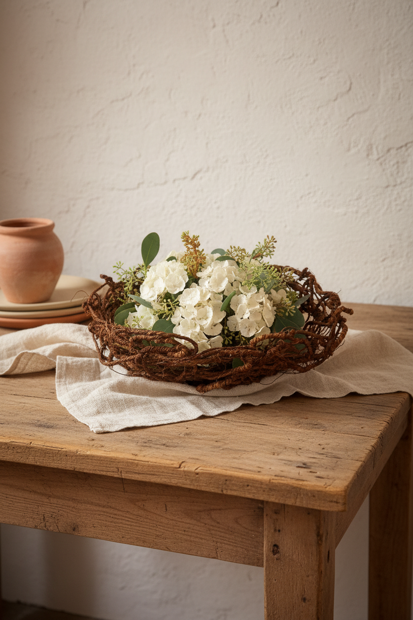 Wijnranken nestschaal met hortensia in wabi-sabi interieur